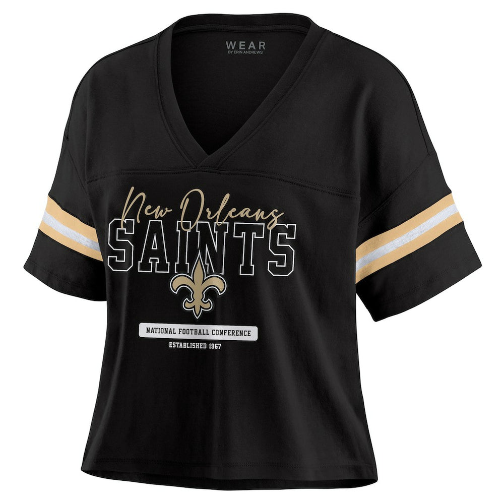 WEAR by Erin Andrews Women's Color Block Boxy Modest Crop V-Neck T-Shirt - New Orleans Saints T-shirts