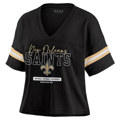 WEAR by Erin Andrews Women's Color Block Boxy Modest Crop V-Neck T-Shirt - New Orleans Saints T-shirts