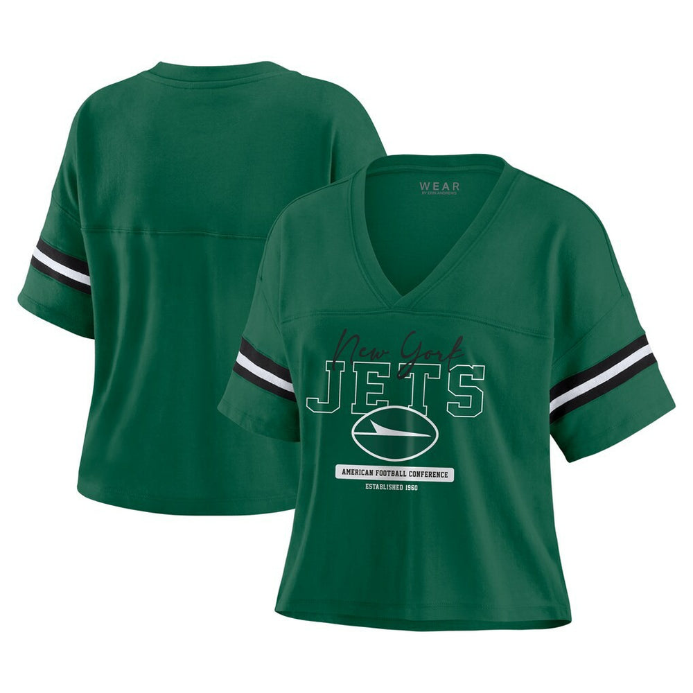 WEAR by Erin Andrews Women's Color Block Boxy Modest Crop V-Neck T-Shirt - New York Jets T-shirts