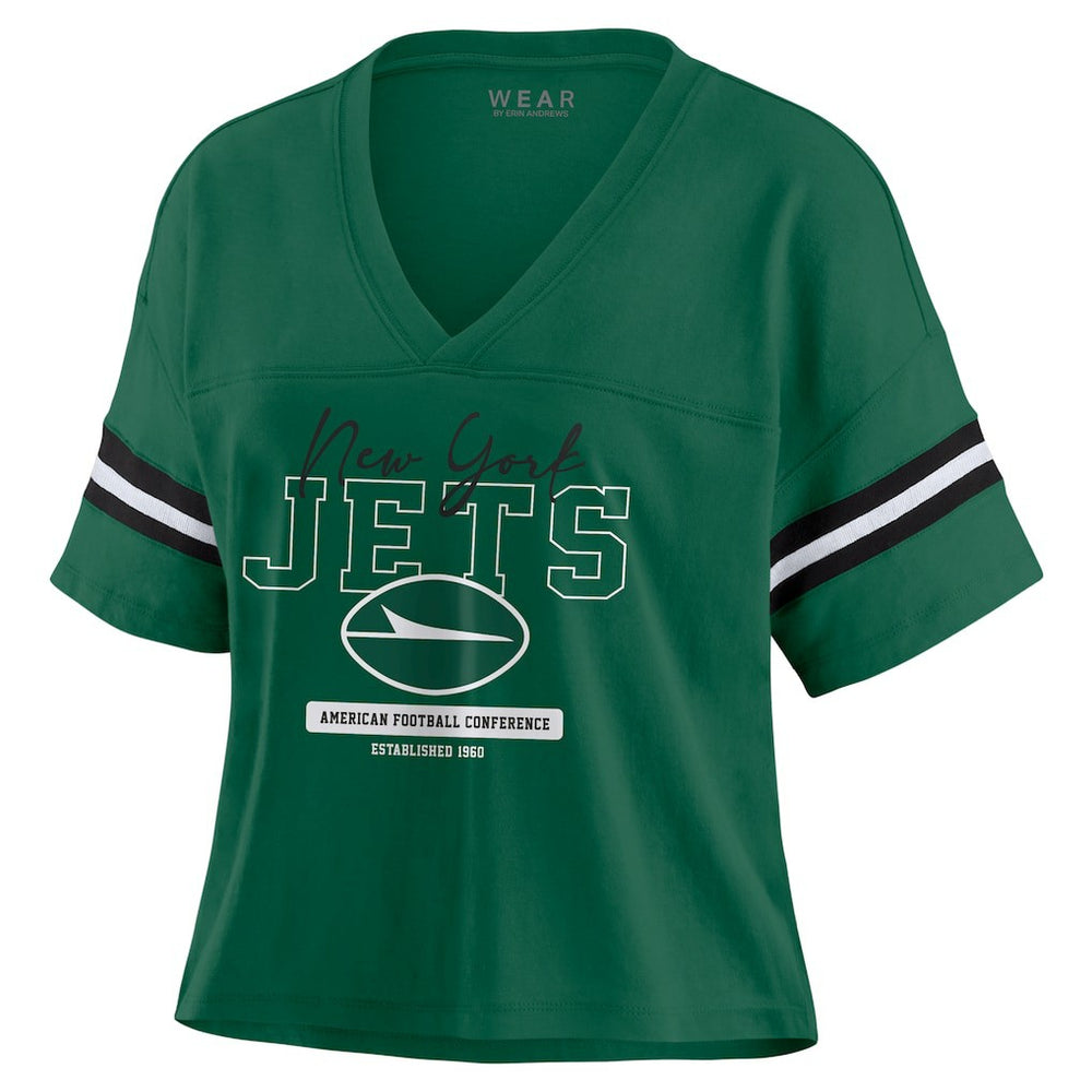 WEAR by Erin Andrews Women's Color Block Boxy Modest Crop V-Neck T-Shirt - New York Jets T-shirts