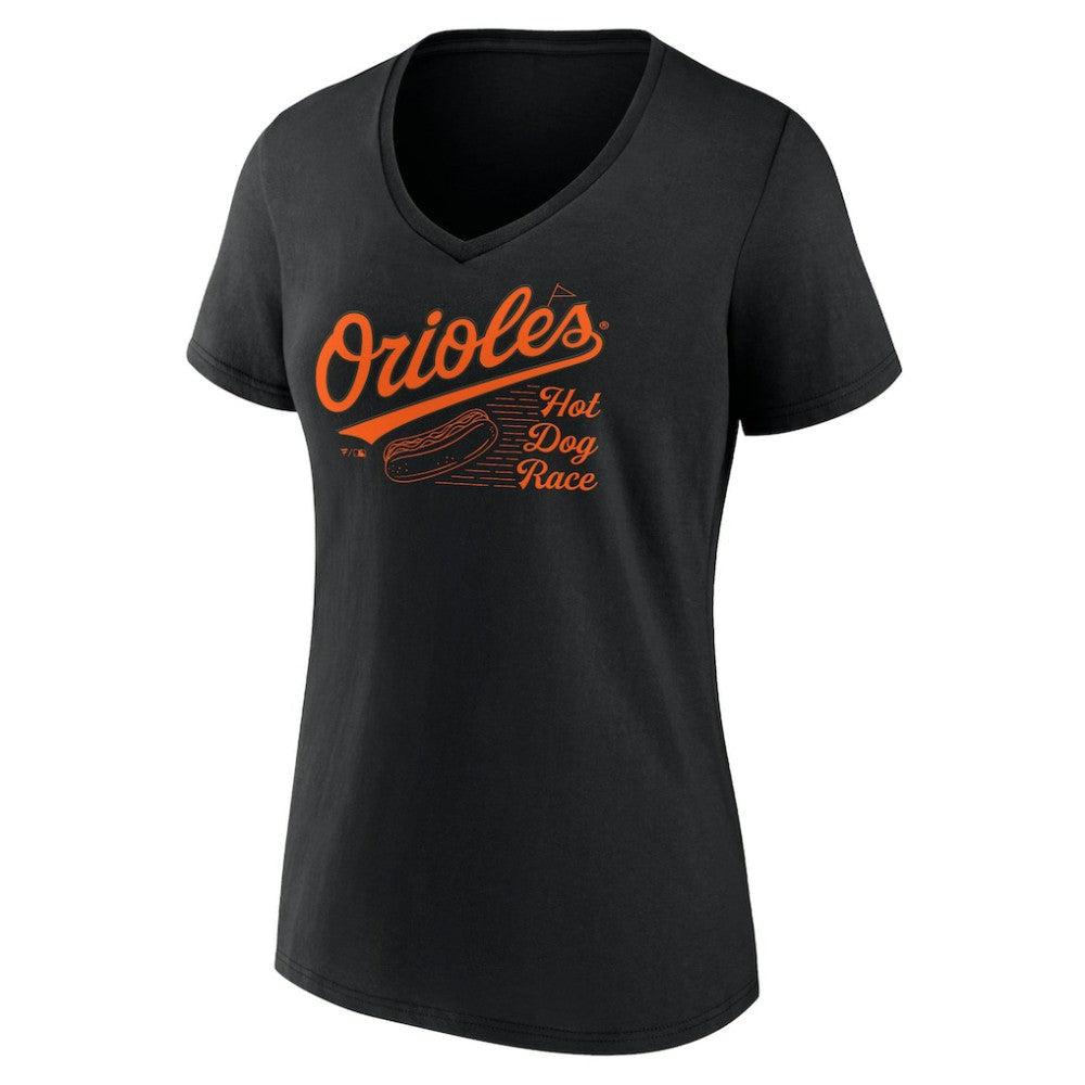 Black Baltimore Orioles Fanatics Women's Hot Dog Race V-Neck T-Shirt