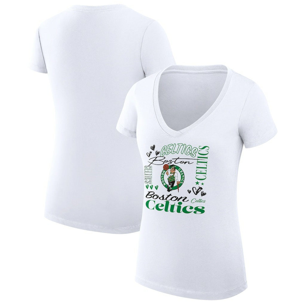 Boston Celtics G-III 4Her by Carl Banks Women's Super-Slim Fit Lightweight Team Name Collage Graphic V-Neck T-Shirt