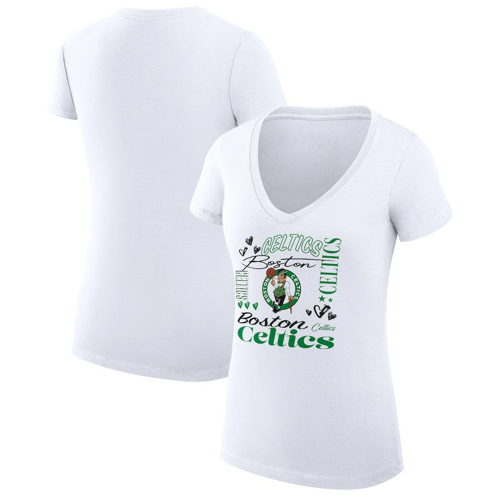 Boston Celtics G-III 4Her by Carl Banks Women's Super-Slim Fit Lightweight Team Name Collage Graphic V-Neck T-Shirt