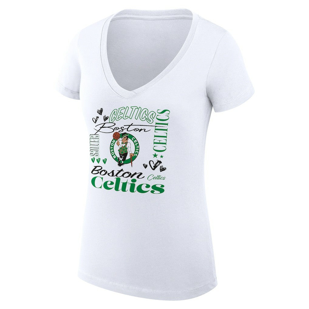 Boston Celtics G-III 4Her by Carl Banks Women's Super-Slim Fit Lightweight Team Name Collage Graphic V-Neck T-Shirt