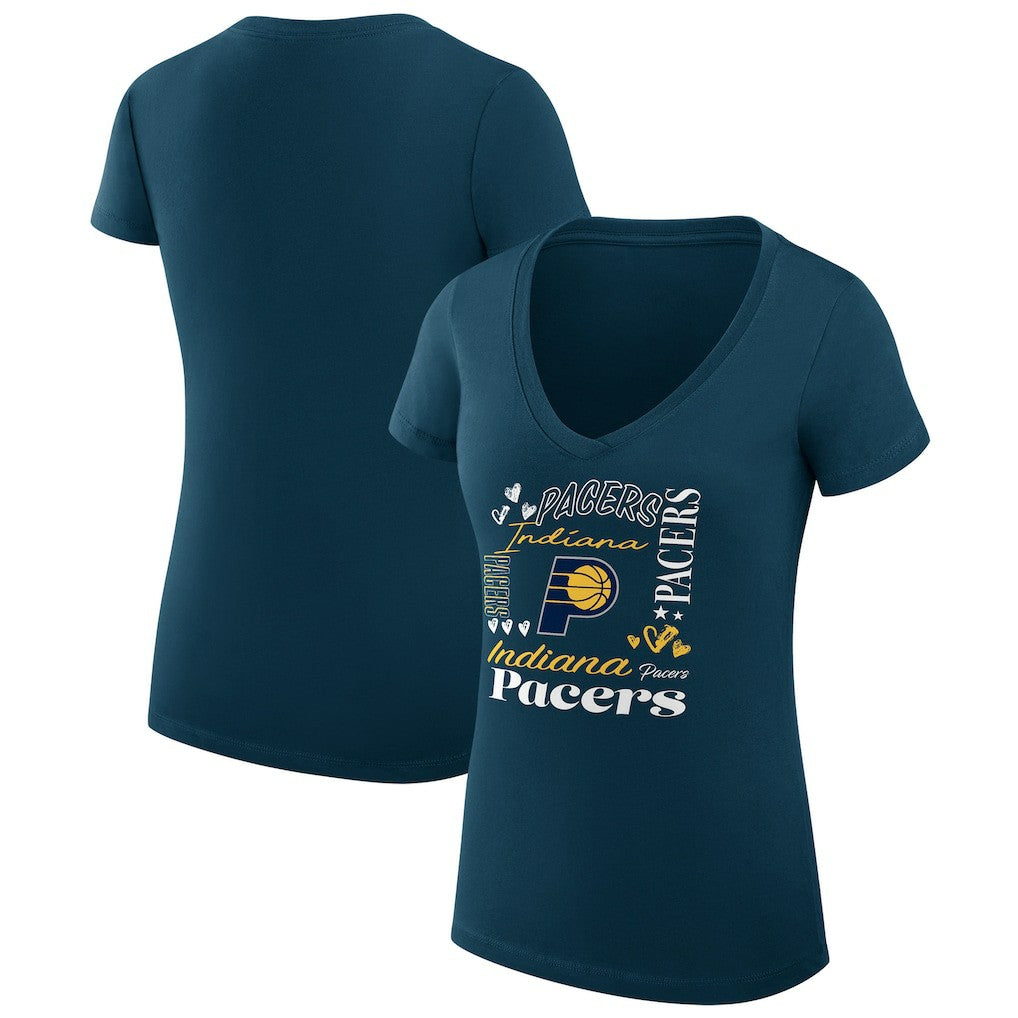 Indiana Pacers G-III 4Her by Carl Banks Women's Super-Slim Fit Lightweight Team Name Collage Graphic V-Neck T-Shirt