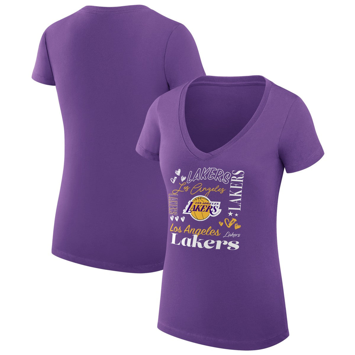 Los Angeles Lakers G-III 4Her by Carl Banks Women's Super-Slim Fit Lightweight Team Name Collage Graphic V-Neck T-Shirt