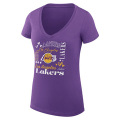 Los Angeles Lakers G-III 4Her by Carl Banks Women's Super-Slim Fit Lightweight Team Name Collage Graphic V-Neck T-Shirt