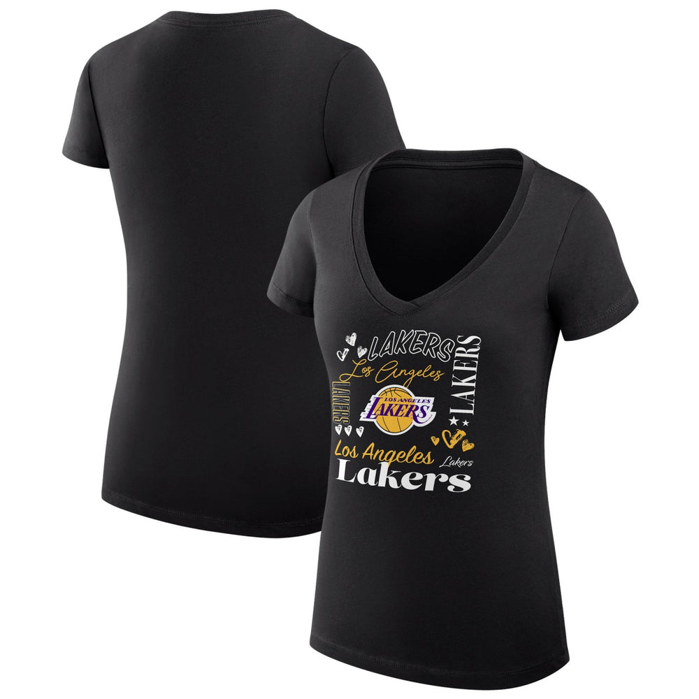 Los Angeles Lakers G-III 4Her by Carl Banks Women's Super-Slim Fit Lightweight Team Name Collage Graphic V-Neck T-Shirt