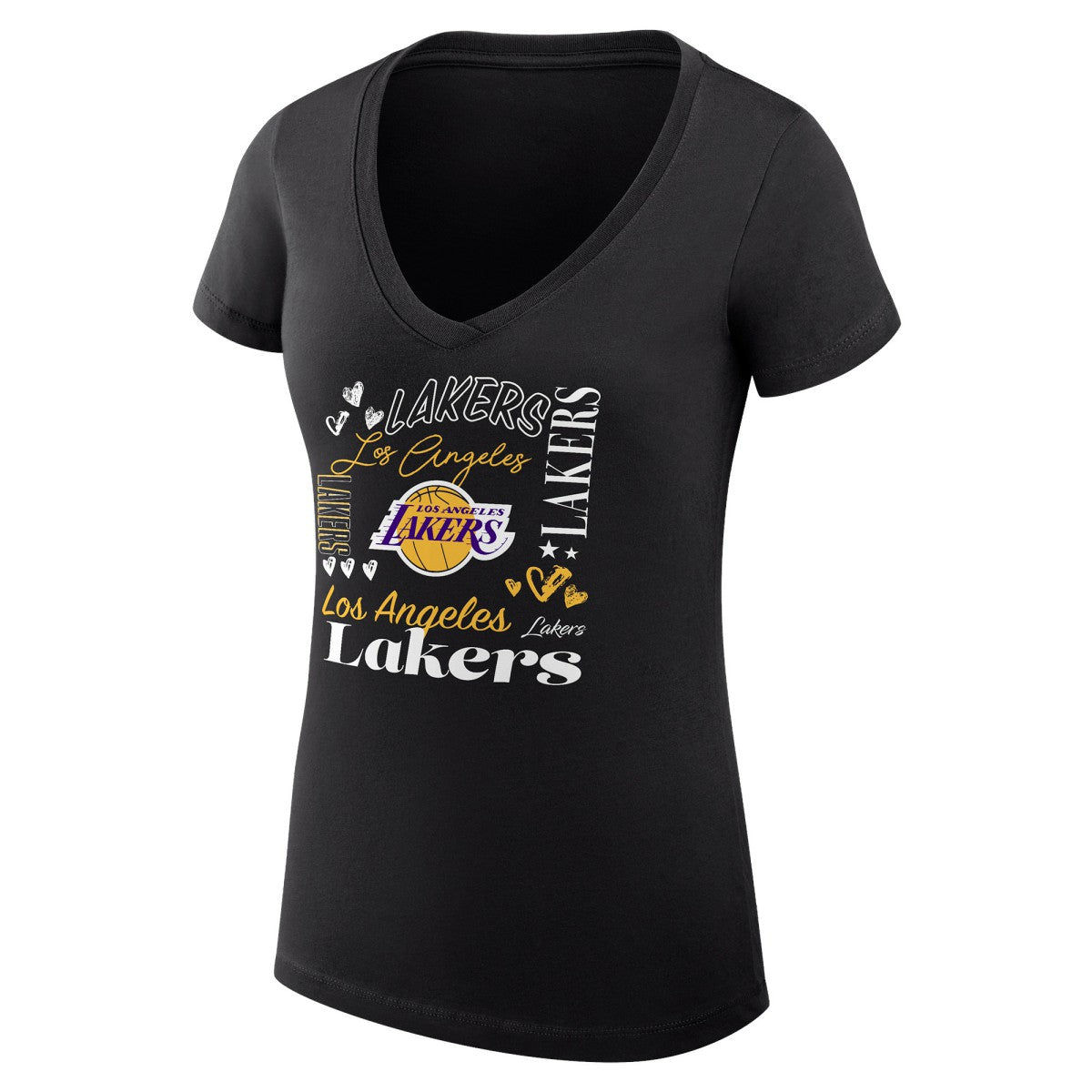 Los Angeles Lakers G-III 4Her by Carl Banks Women's Super-Slim Fit Lightweight Team Name Collage Graphic V-Neck T-Shirt