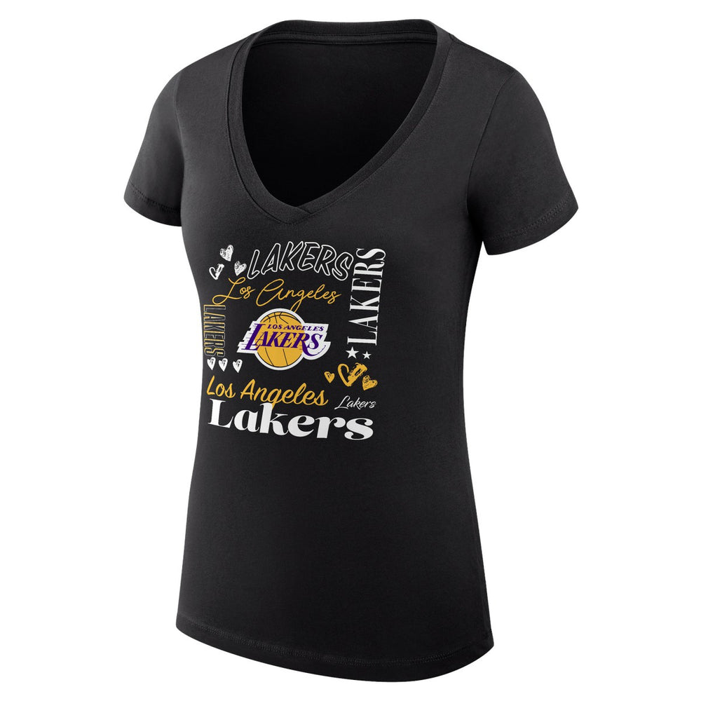 Los Angeles Lakers G-III 4Her by Carl Banks Women's Super-Slim Fit Lightweight Team Name Collage Graphic V-Neck T-Shirt