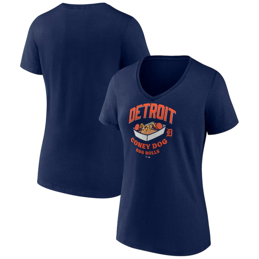 Navy Detroit Tigers Women's Coney Dog Egg Rolls V-Neck T-Shirt