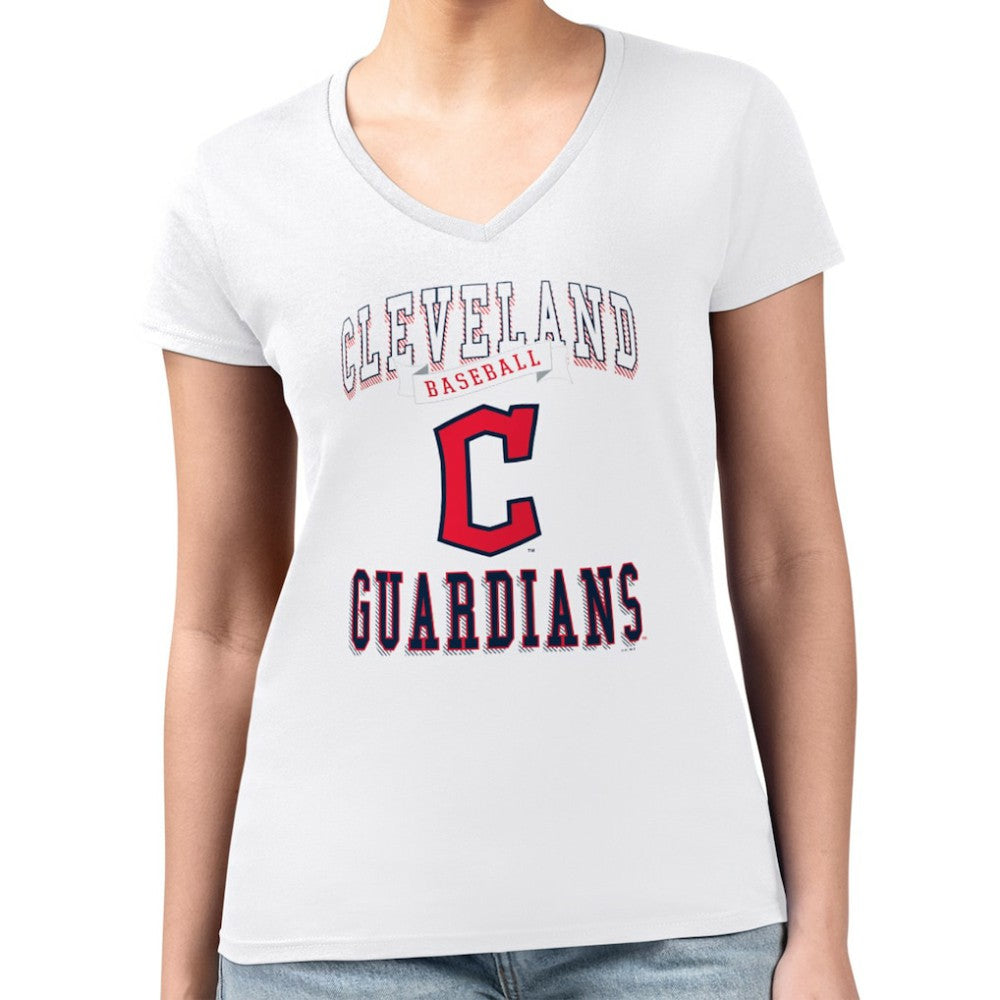White Cleveland Guardians G-III 4Her by Carl Banks Women's Super-Slim Fit Lightweight Team Logo Graphic V-Neck T-Shirt