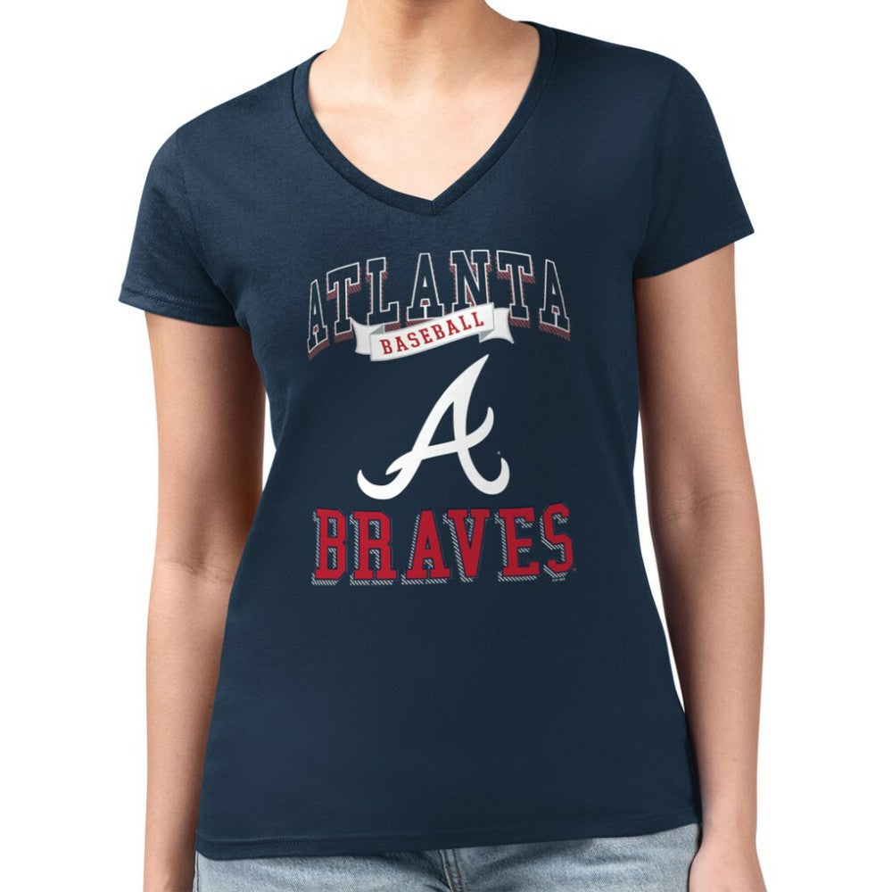 Navy Atlanta Braves G-III 4Her by Carl Banks Women's Super-Slim Fit Lightweight Team Logo Graphic V-Neck T-Shirt