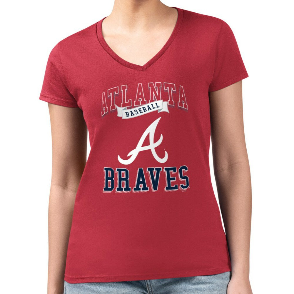 Red Atlanta Braves G-III 4Her by Carl Banks Women's Super-Slim Fit Lightweight Team Logo Graphic V-Neck T-Shirt