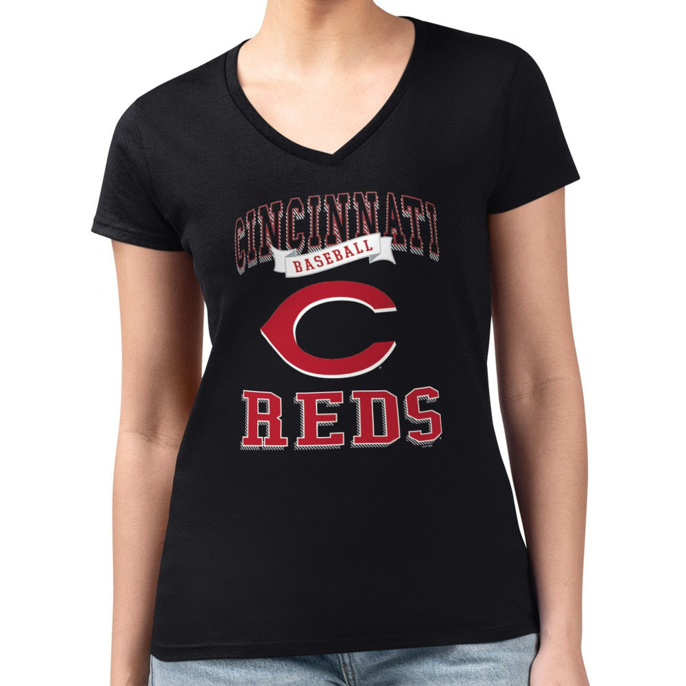 Black Cincinnati Reds G-III 4Her by Carl Banks Women's Super-Slim Fit Lightweight Team Logo Graphic V-Neck T-Shirt