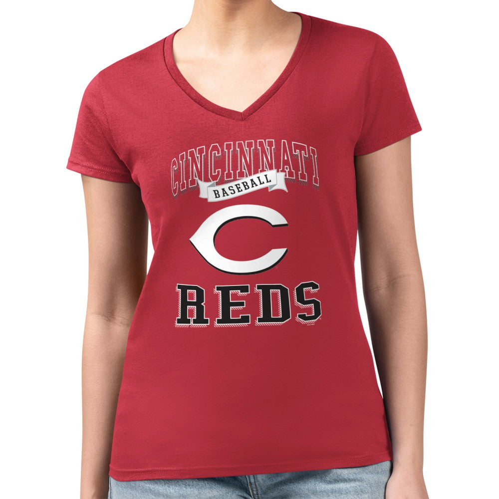Red Cincinnati Reds G-III 4Her by Carl Banks Women's Super-Slim Fit Lightweight Team Logo Graphic V-Neck T-Shirt