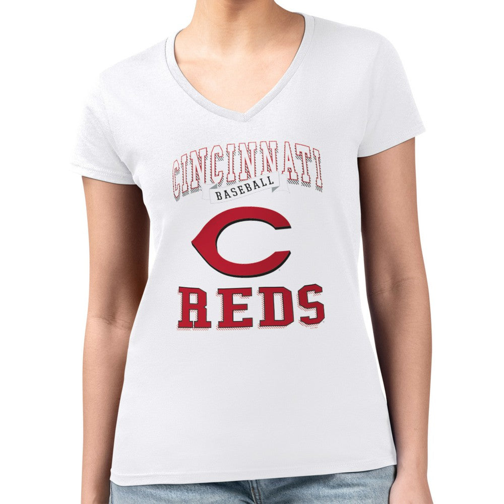 White Cincinnati Reds G-III 4Her by Carl Banks Women's Super-Slim Fit Lightweight Team Logo Graphic V-Neck T-Shirt