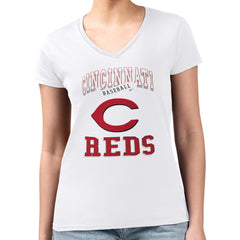 White Cincinnati Reds G-III 4Her by Carl Banks Women's Super-Slim Fit Lightweight Team Logo Graphic V-Neck T-Shirt