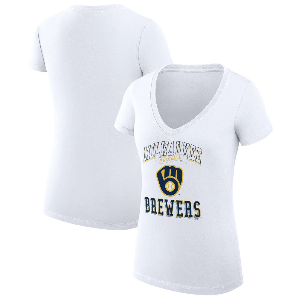 White Milwaukee Brewers G-III 4Her by Carl Banks Women's Super-Slim Fit Lightweight Team Logo Graphic V-Neck T-Shirt