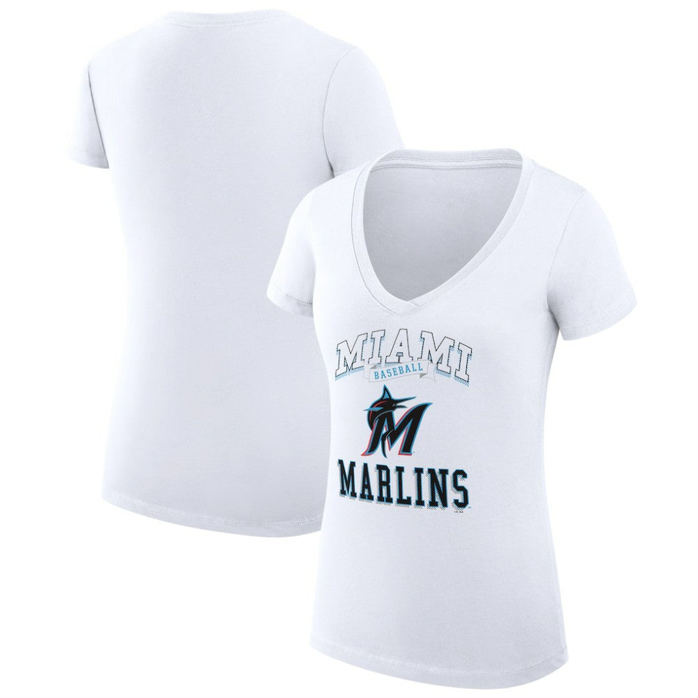 White Miami Marlins G-III 4Her by Carl Banks Women's Super-Slim Fit Lightweight Team Logo Graphic V-Neck T-Shirt