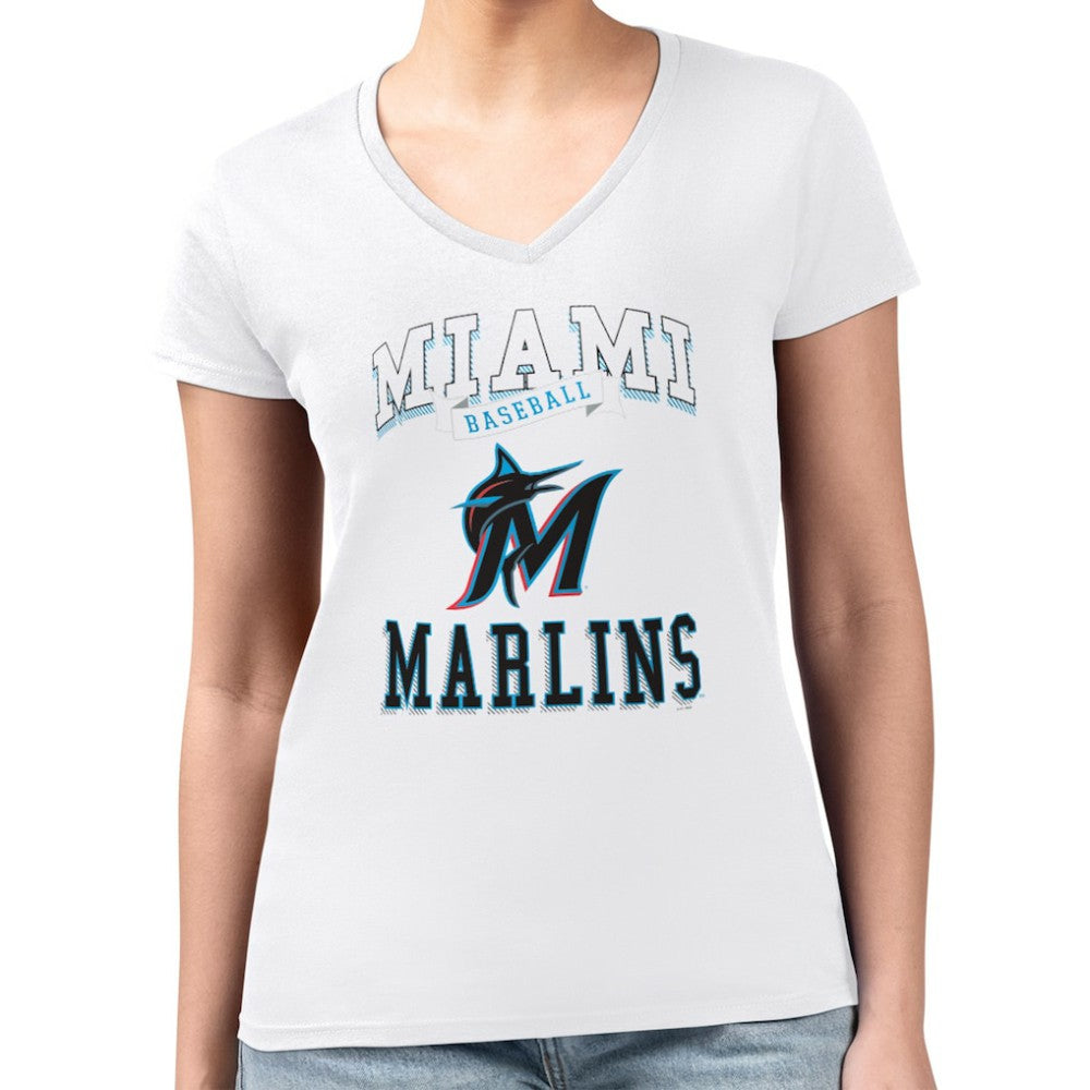 White Miami Marlins G-III 4Her by Carl Banks Women's Super-Slim Fit Lightweight Team Logo Graphic V-Neck T-Shirt
