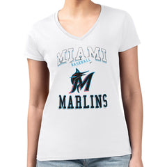 White Miami Marlins G-III 4Her by Carl Banks Women's Super-Slim Fit Lightweight Team Logo Graphic V-Neck T-Shirt