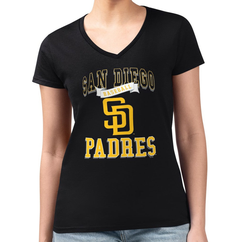 Black San Diego Padres G-III 4Her by Carl Banks Women's Super-Slim Fit Lightweight Team Logo Graphic V-Neck T-Shirt