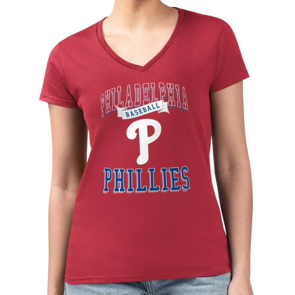 Red Philadelphia Phillies G-III 4Her by Carl Banks Women's Super-Slim Fit Lightweight Team Logo Graphic V-Neck T-Shirt