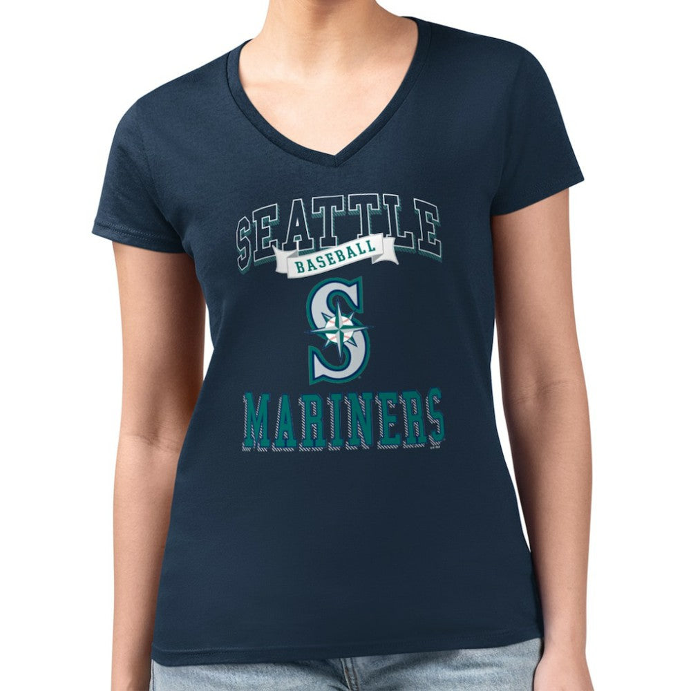 Navy Seattle Mariners G-III 4Her by Carl Banks Women's Super-Slim Fit Lightweight Team Logo Graphic V-Neck T-Shirt