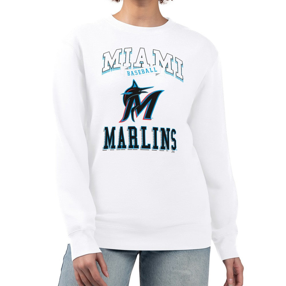 White Miami Marlins G-III 4Her by Carl Banks Women's Team Logo Graphic Tri-Blend Fleece Pullover Sweatshirt
