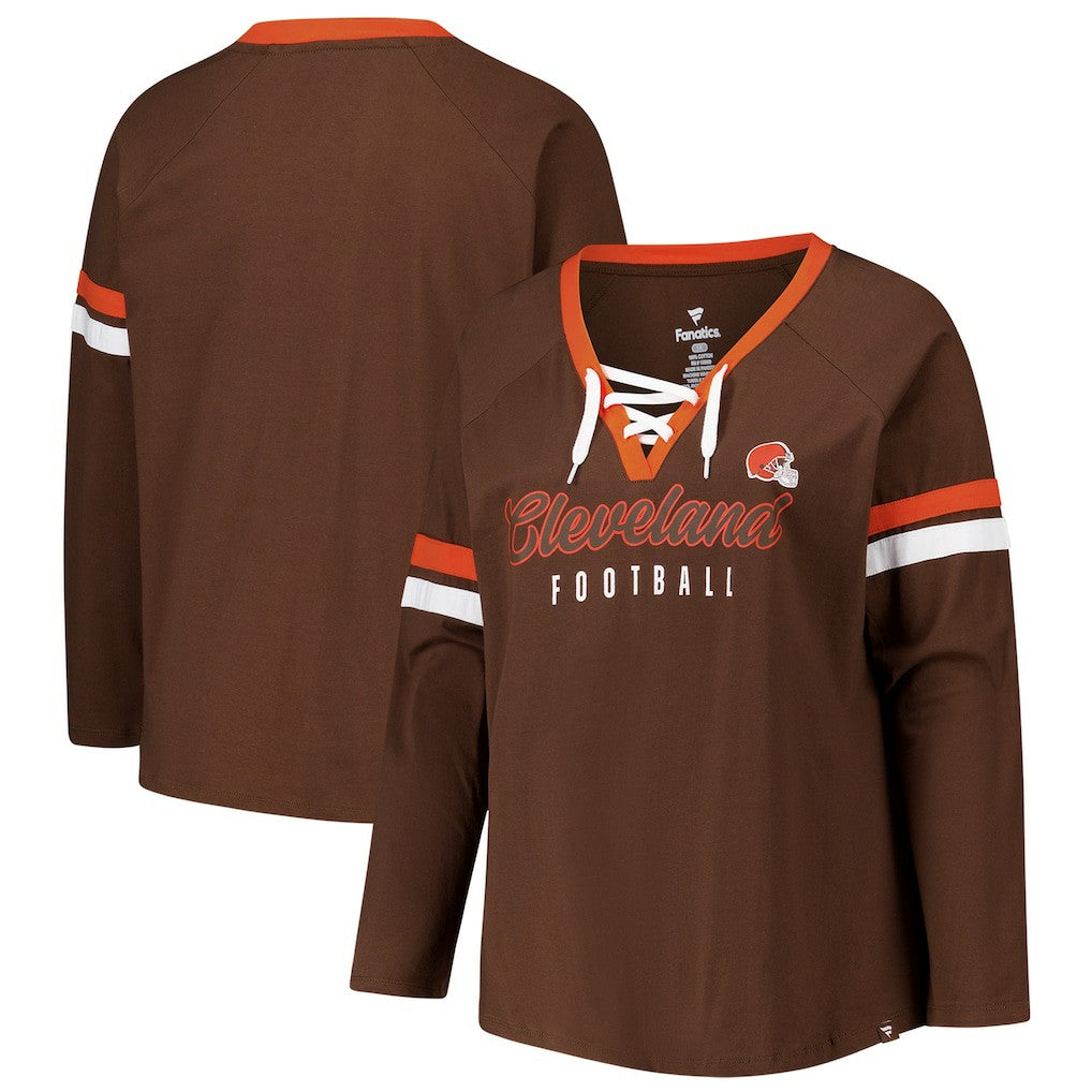 Women's Plus Size Won & Done Lace-Up V-Neck Long Sleeve T-Shirt - Cleveland Browns T-shirts