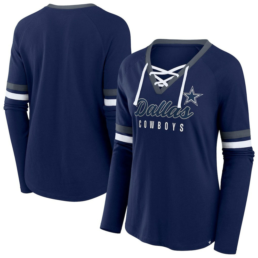 Women's Plus Size Won & Done Lace-Up V-Neck Long Sleeve T-Shirt - Dallas Cowboys T-shirts