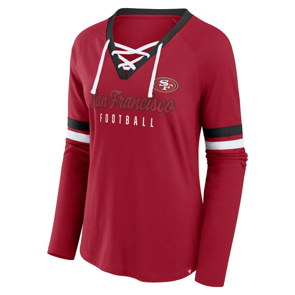 Women's Plus Size Won & Done Lace-Up V-Neck Long Sleeve T-Shirt - San Francisco 49ers T-shirts
