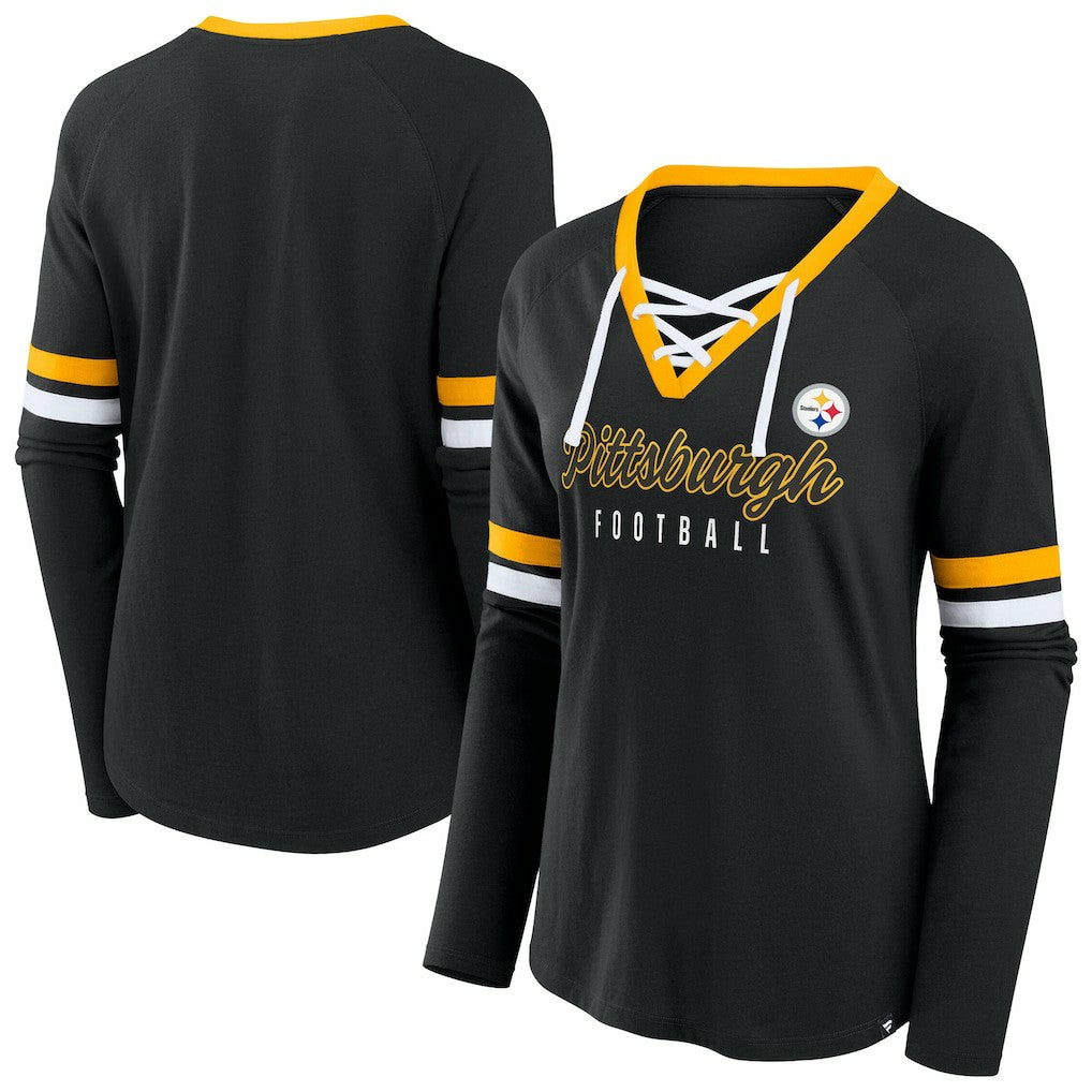 Women's Plus Size Won & Done Lace-Up V-Neck Long Sleeve T-Shirt - Pittsburgh Steelers T-shirts