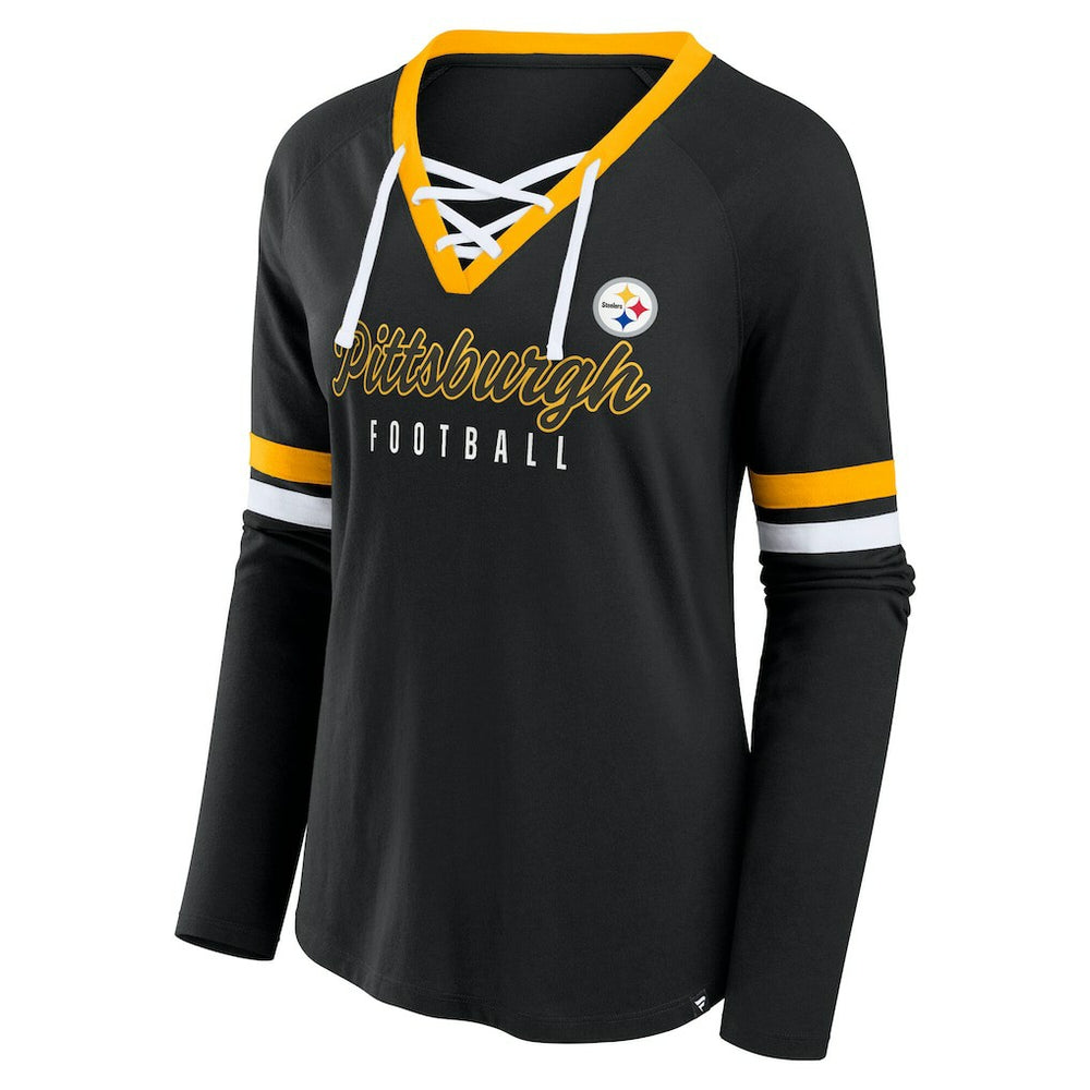 Women's Plus Size Won & Done Lace-Up V-Neck Long Sleeve T-Shirt - Pittsburgh Steelers T-shirts