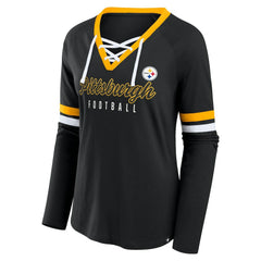 Women's Plus Size Won & Done Lace-Up V-Neck Long Sleeve T-Shirt - Pittsburgh Steelers T-shirts