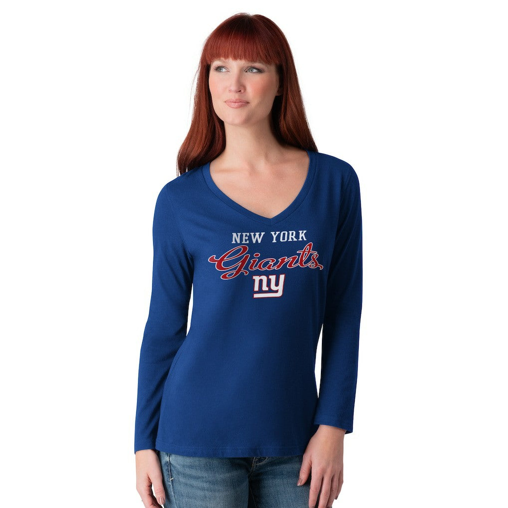 G-III 4Her by Carl Banks Women's Post Season Long Sleeve V-Neck T-Shirt - New York Giants T-shirts