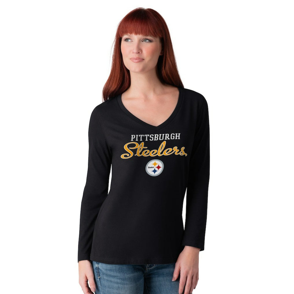 G-III 4Her by Carl Banks Women's Post Season Long Sleeve V-Neck T-Shirt - Pittsburgh Steelers T-shirts