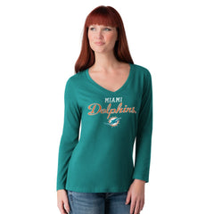 G-III 4Her by Carl Banks Women's Post Season Long Sleeve V-Neck T-Shirt - Miami Dolphins T-shirts