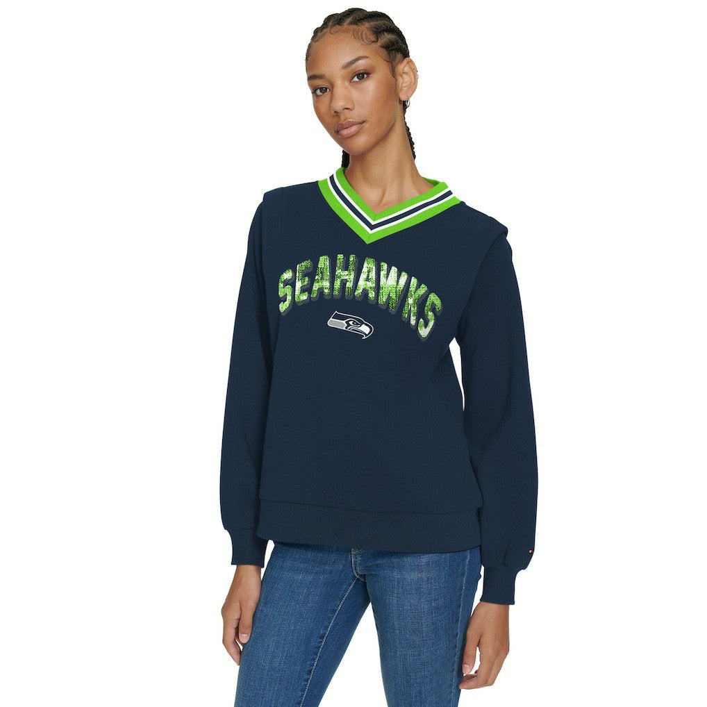 Tommy Hilfiger Women's Alice V-Neck Pullover Sweatshirt - Seattle Seahawks Pullover