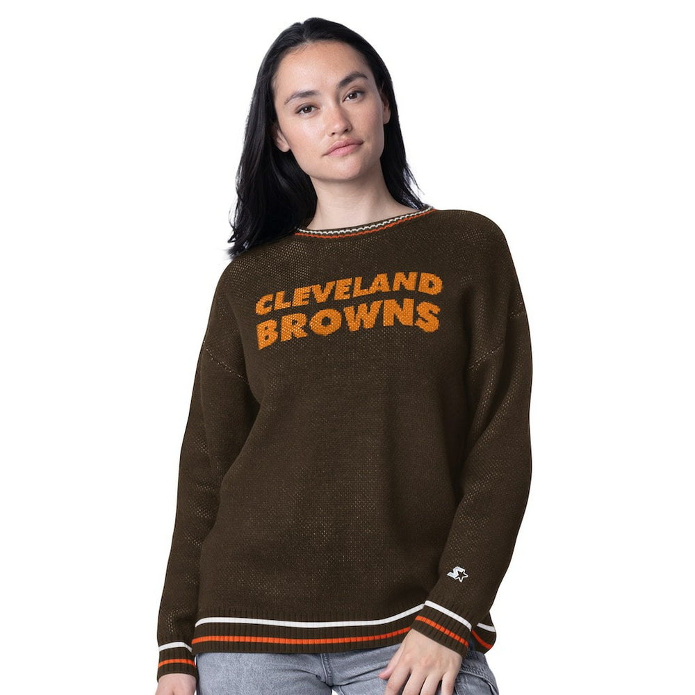 Starter Women's Oversized On the Ball Intarsia Knit Pullover Sweater - Cleveland Browns Pullover