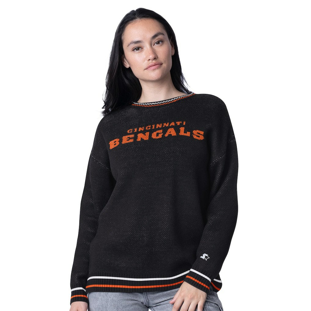 Starter Women's Oversized On the Ball Intarsia Knit Pullover Sweater - Cincinnati Bengals Pullover