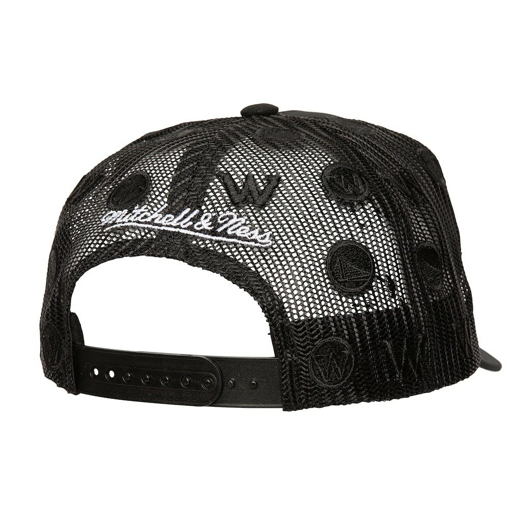Mitchell & Ness Golden State Warriors Monogram Allover Logo Mesh Trucker Adjustable Hat sale