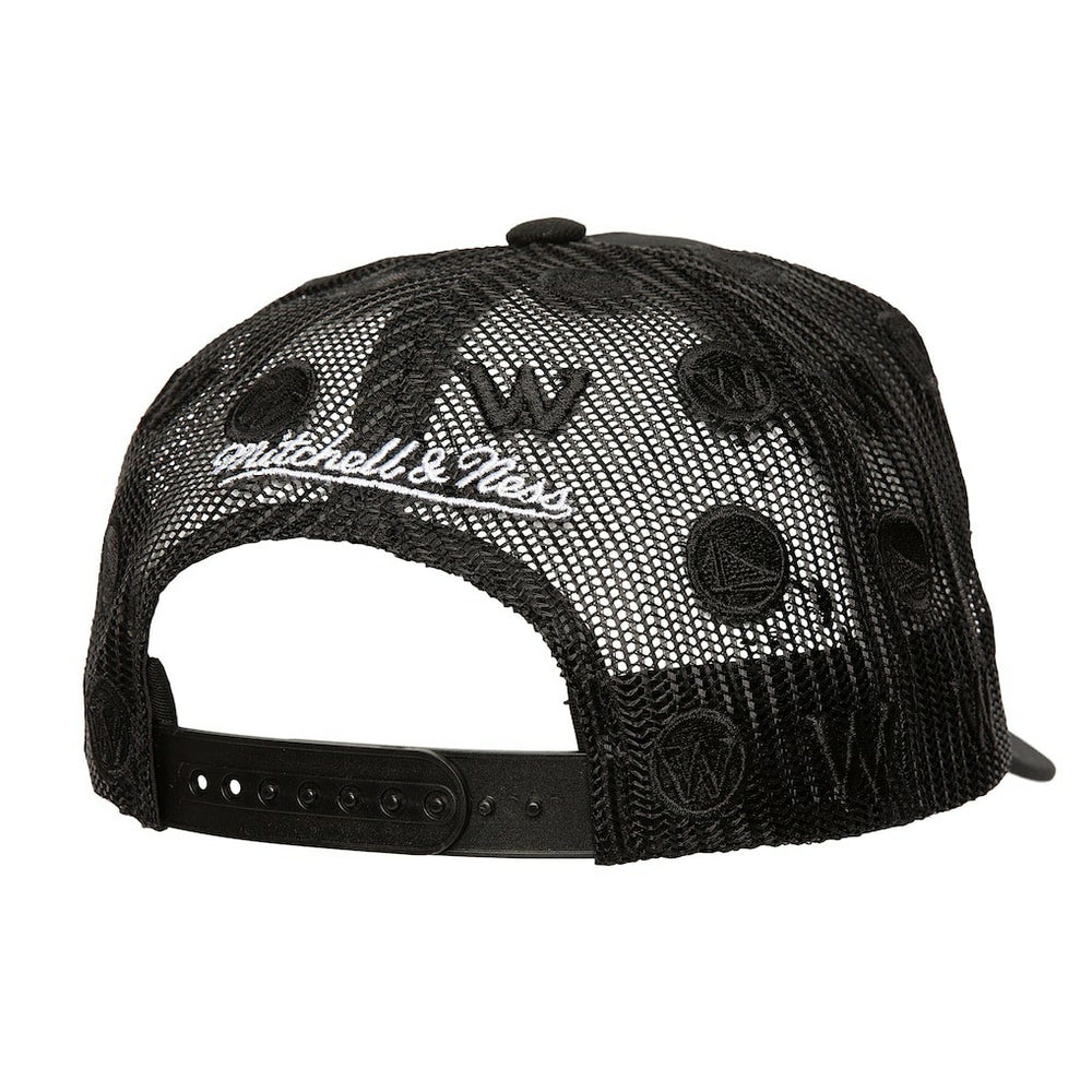 Mitchell & Ness Golden State Warriors Monogram Allover Logo Mesh Trucker Adjustable Hat sale
