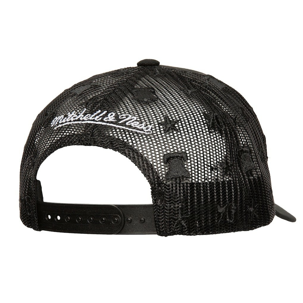 Mitchell & Ness Philadelphia 76ers Monogram Allover Logo Mesh Trucker Adjustable Hat