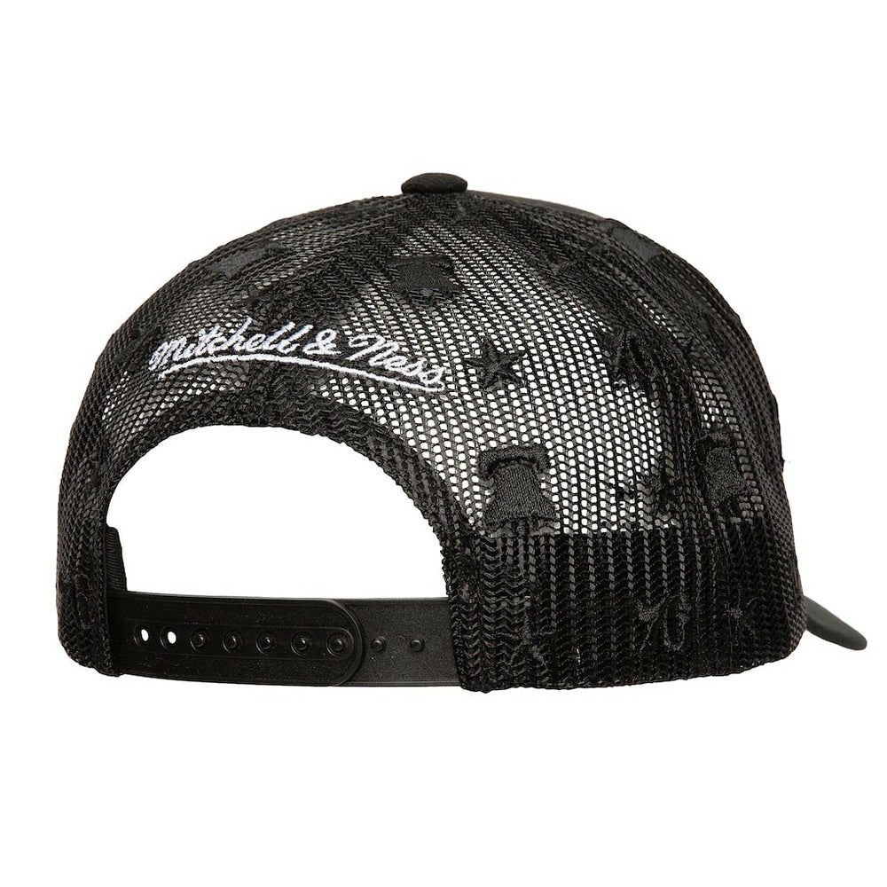 Mitchell & Ness Philadelphia 76ers Monogram Allover Logo Mesh Trucker Adjustable Hat