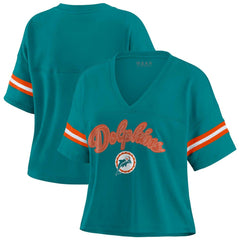 WEAR by Erin Andrews Women's Plus Size Color Block Boxy V-Neck T-Shirt - Miami Dolphins T-shirts