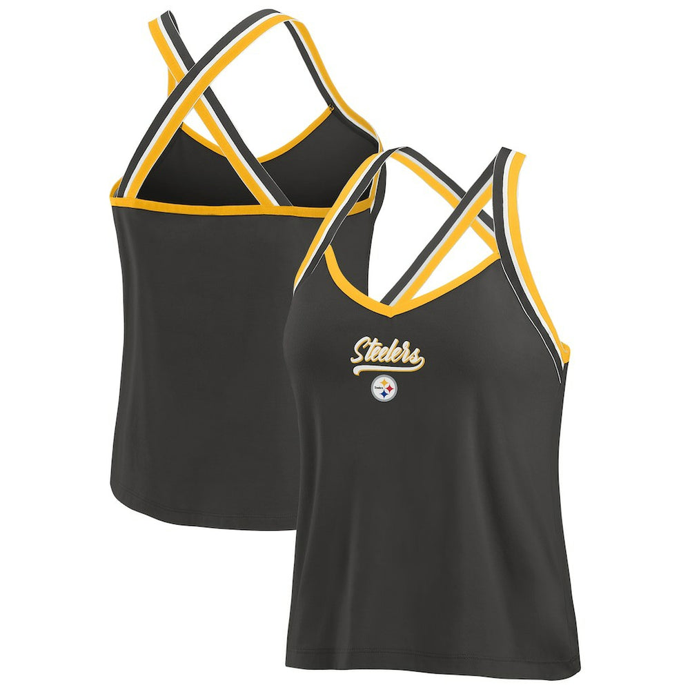 WEAR by Erin Andrews Women's Cross Strap Tri-Blend Tank Top - Pittsburgh Steelers Tops
