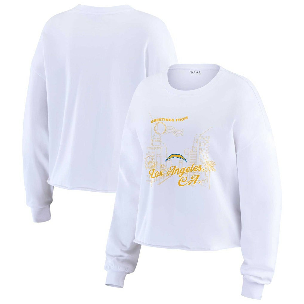 WEAR by Erin Andrews Women's Postcard Cropped Long Sleeve Top - Los Angeles Chargers Tops