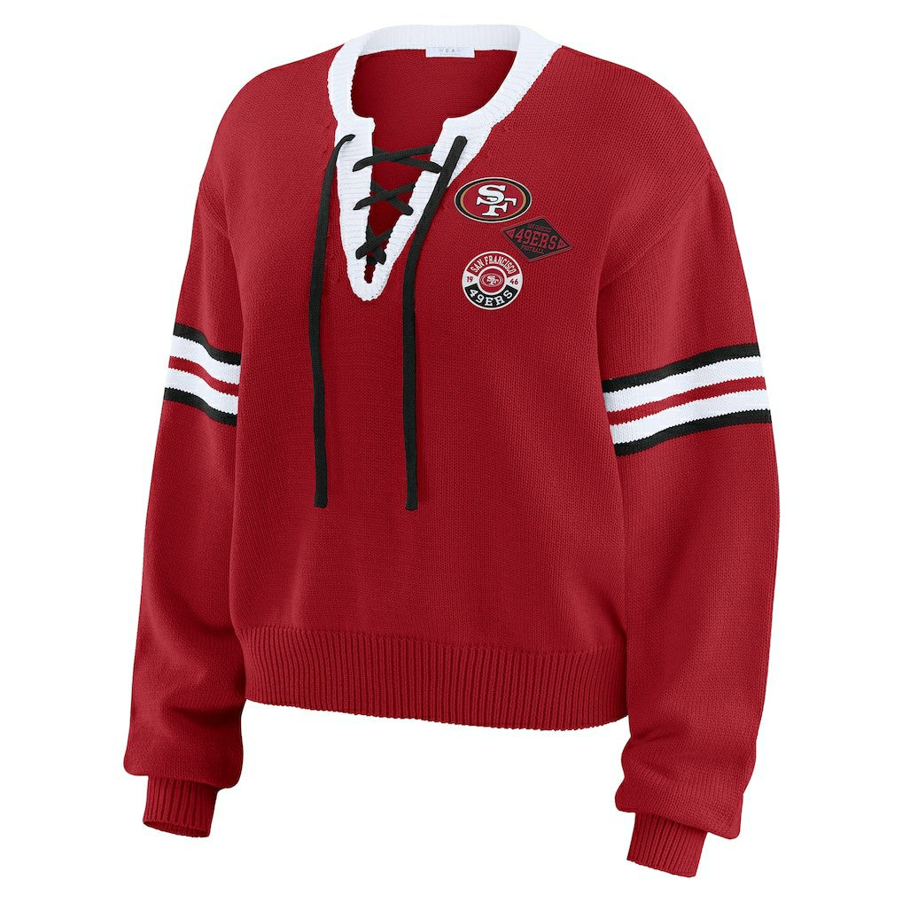 WEAR by Erin Andrews Women's Lace-Up Sweater - San Francisco 49ers